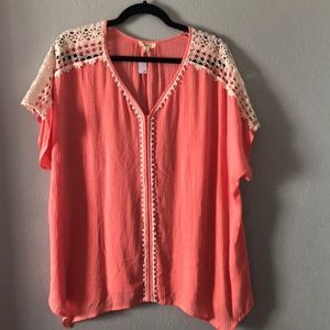 Sale!Coral smock style top with white lace accents